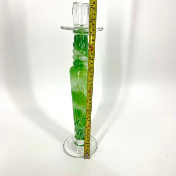 Vintage Hand Blown Art Glass Clear Green Swirl Tall 15" Candle Holder - Picture 3 of 7